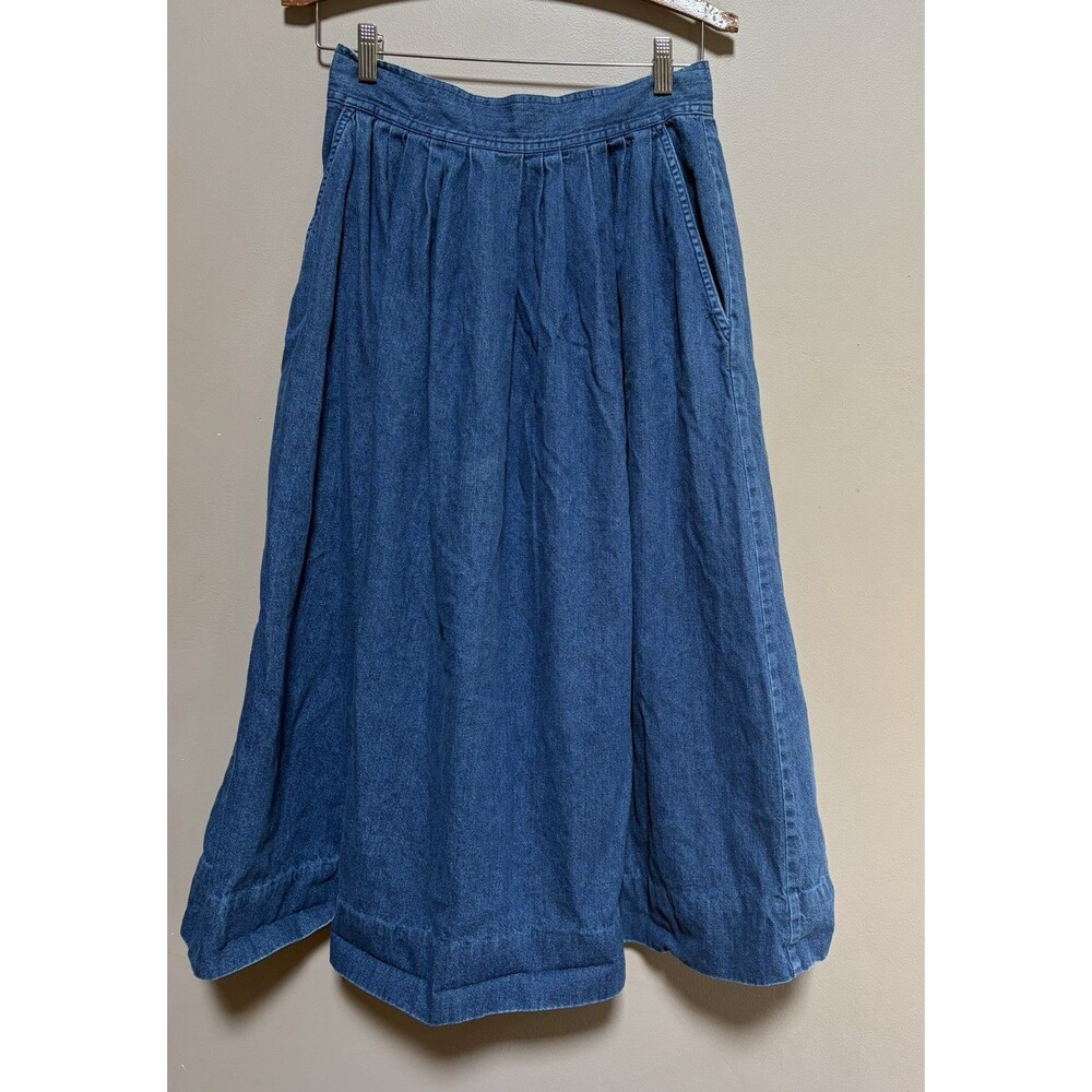 Vintage 90s Claude Cotton Pleated Denim Skirt Midi Pockets Size Small Cottage
